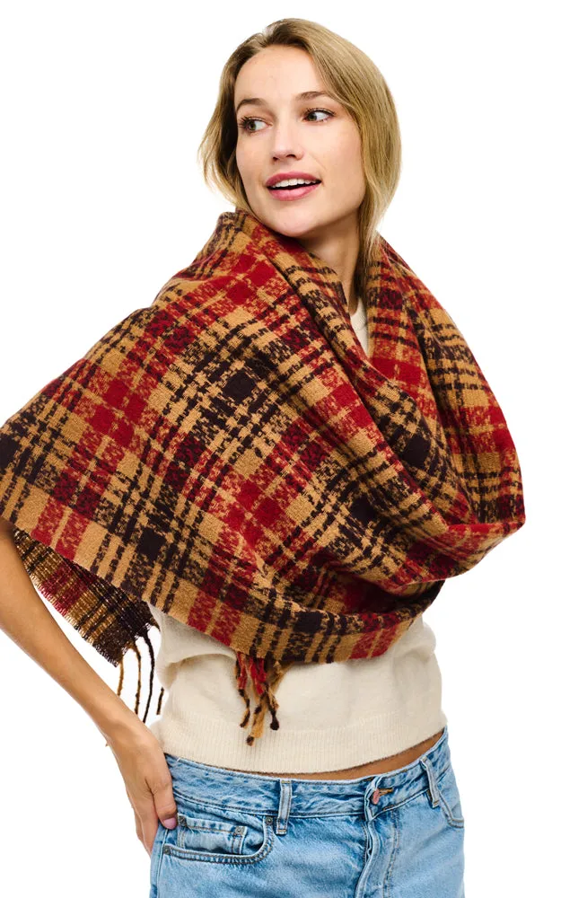 BASC3503 PLAID PATTERN SOFT OBLONG SCARF W/FRINGES