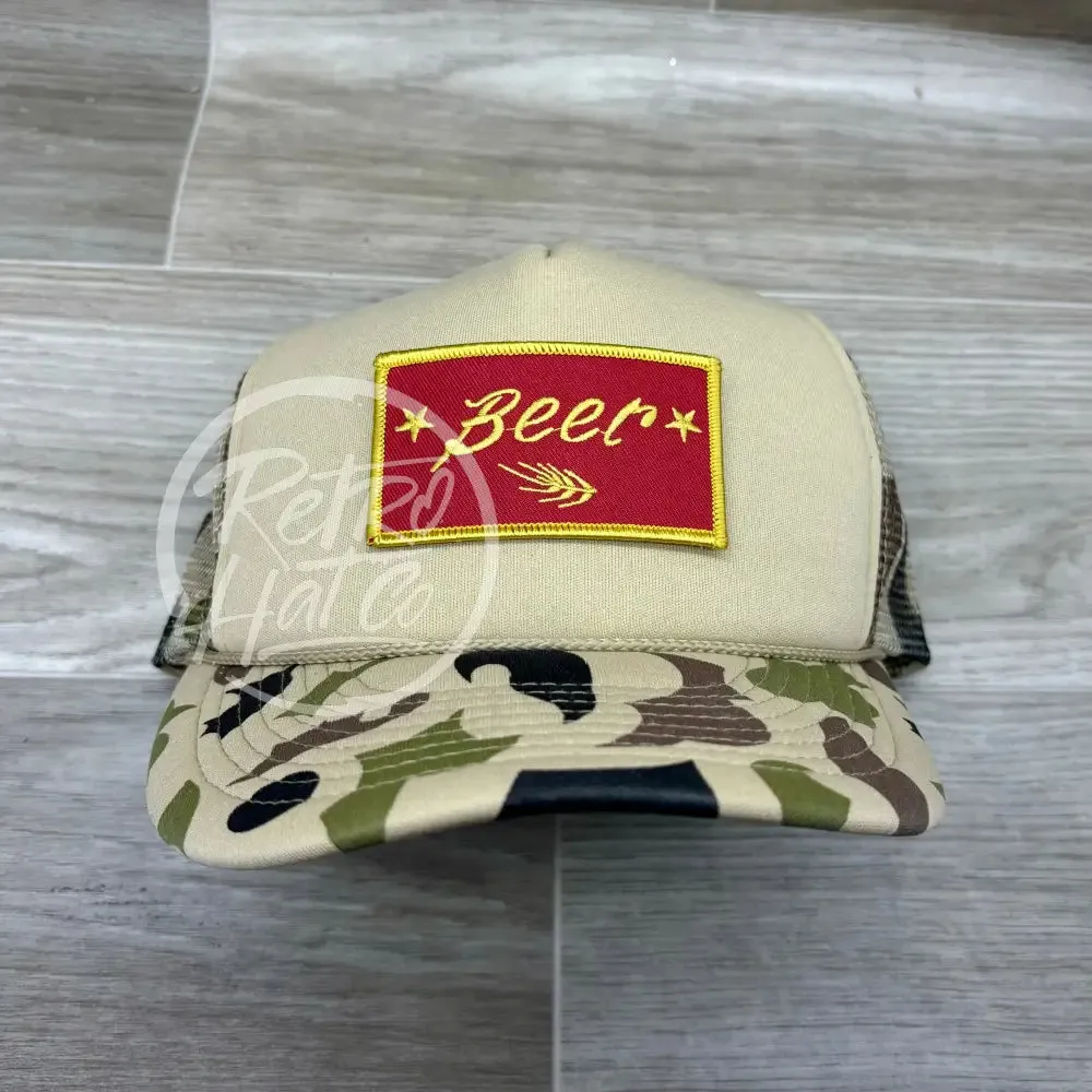 Beer Wheat Patch on Solid Front Beige / Camo Meshback Trucker Hat