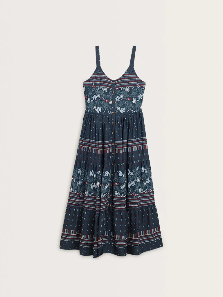 Bombay Paisley Dark Blue Paisley Printed Tiered Dress