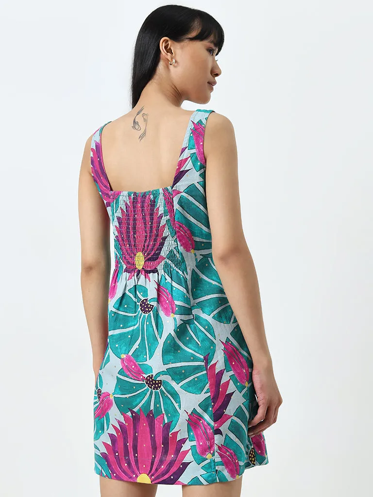 Bombay Paisley Teal Floral Print A-Line Cotton Blend Dress
