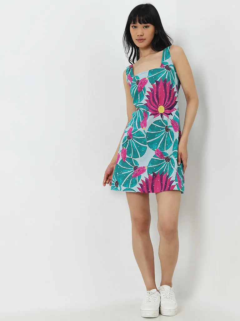 Bombay Paisley Teal Floral Print A-Line Cotton Blend Dress