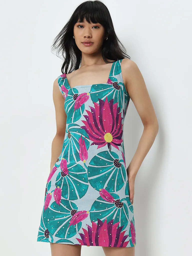 Bombay Paisley Teal Floral Print A-Line Cotton Blend Dress
