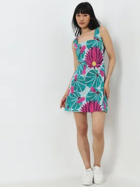 Bombay Paisley Teal Floral Print A-Line Cotton Blend Dress