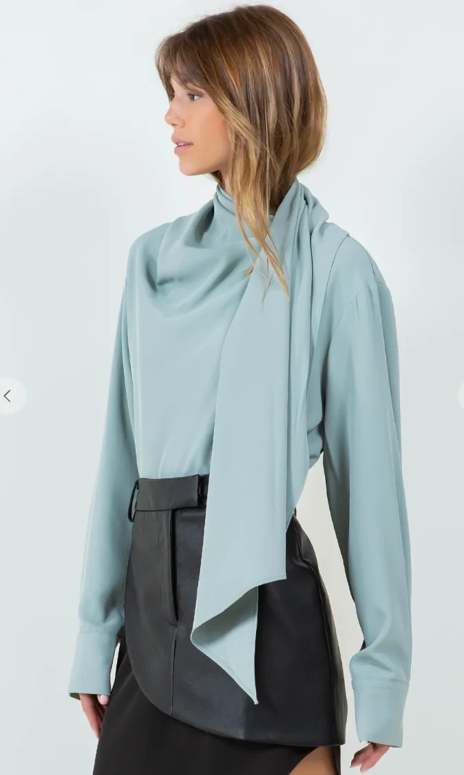 Button Down Wrap Scarf Blouse