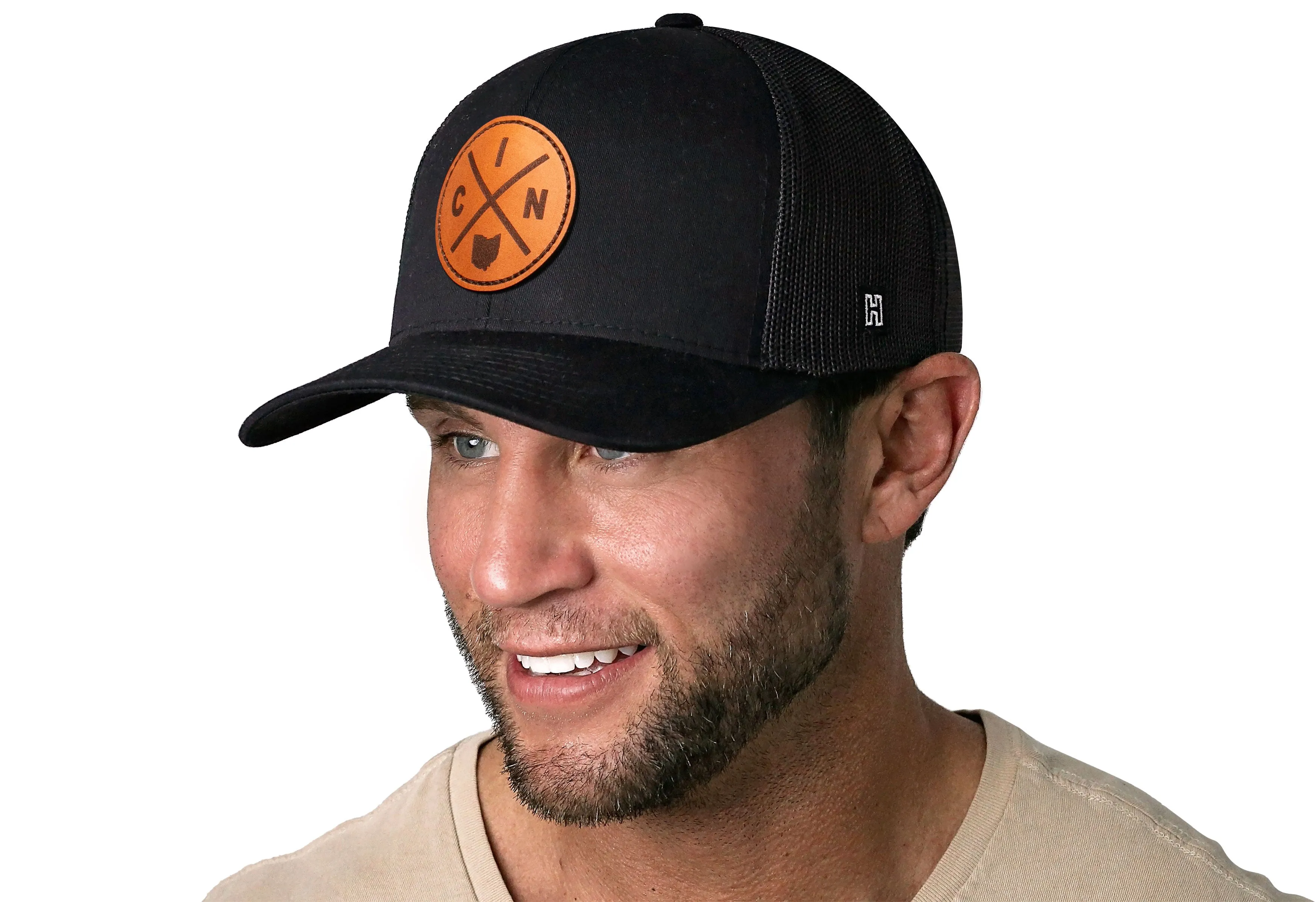 Cincinnati Trucker Hat Leather  |  Black CIN Snapback