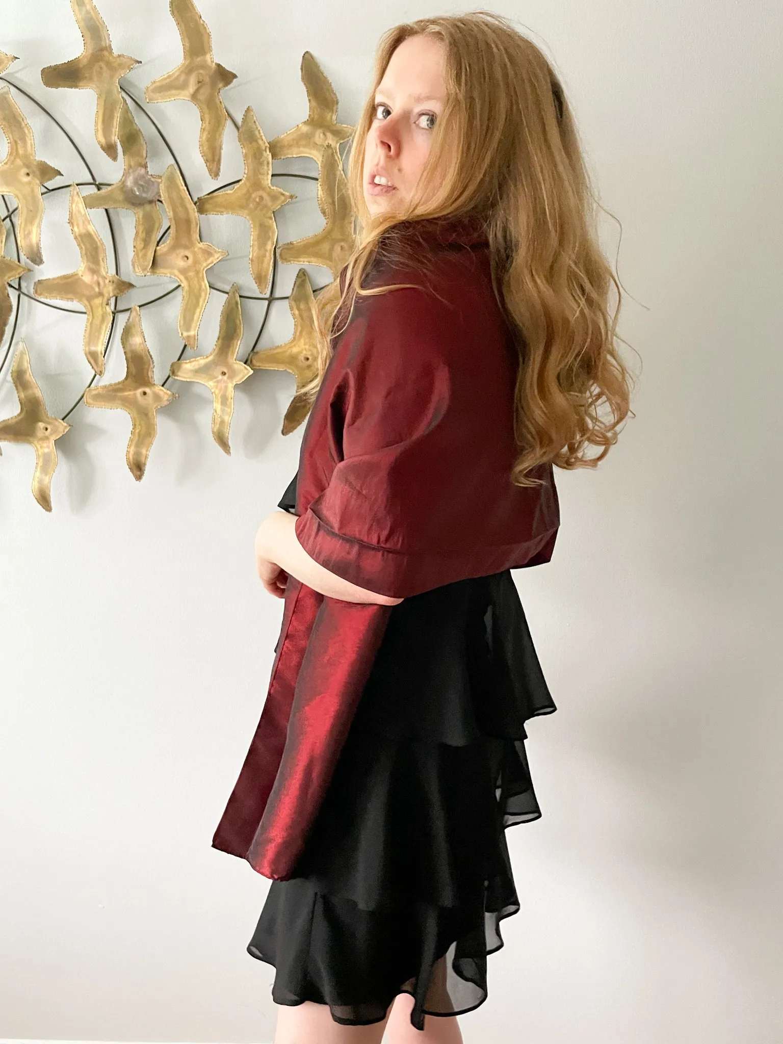 Dark Red Satin Beaded Trim Shawl