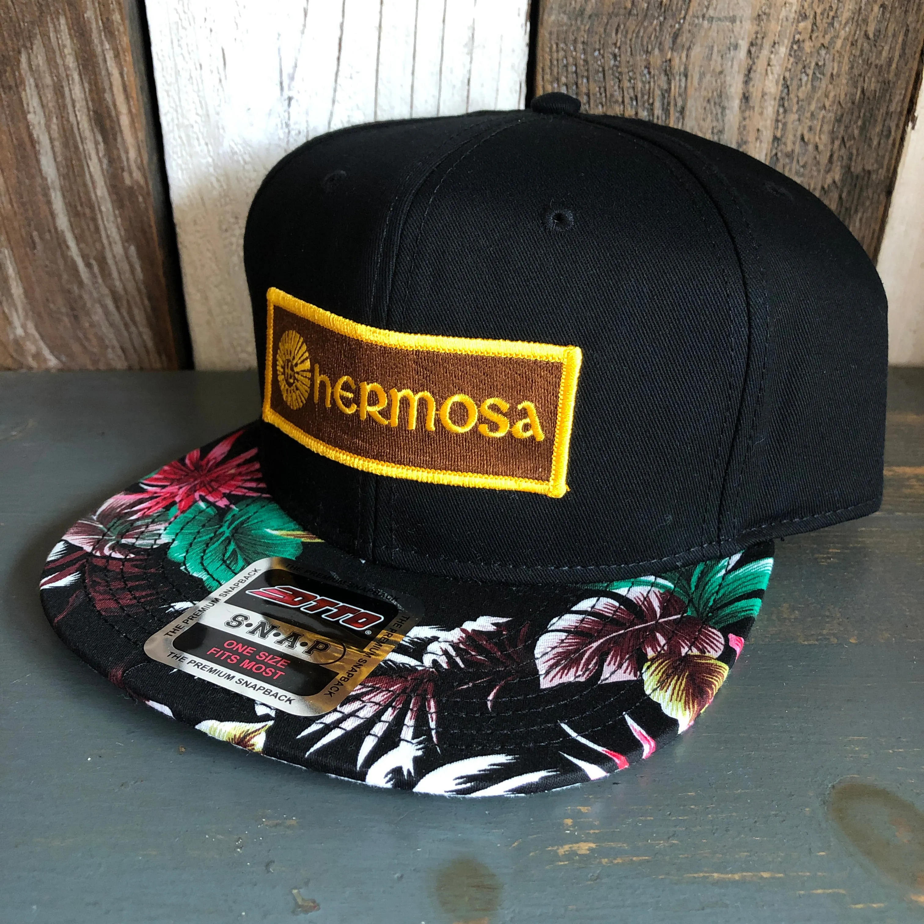 Hermosa Beach AS REAL AS THE STREETS Black Panel/Hawaiian Pattern Visor - 6 Panel Mid Profile Snapback Hat - Makai