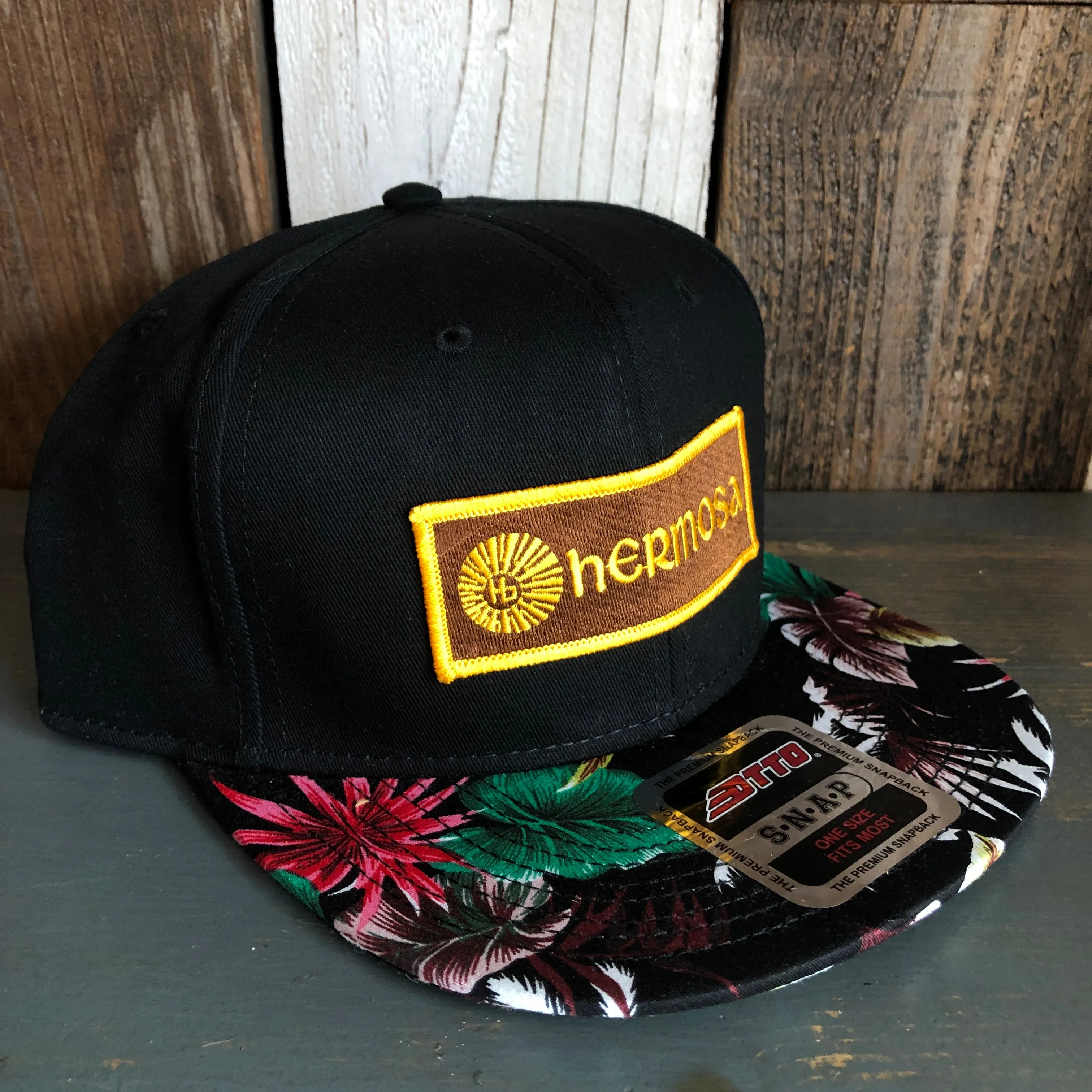Hermosa Beach AS REAL AS THE STREETS Black Panel/Hawaiian Pattern Visor - 6 Panel Mid Profile Snapback Hat - Makai