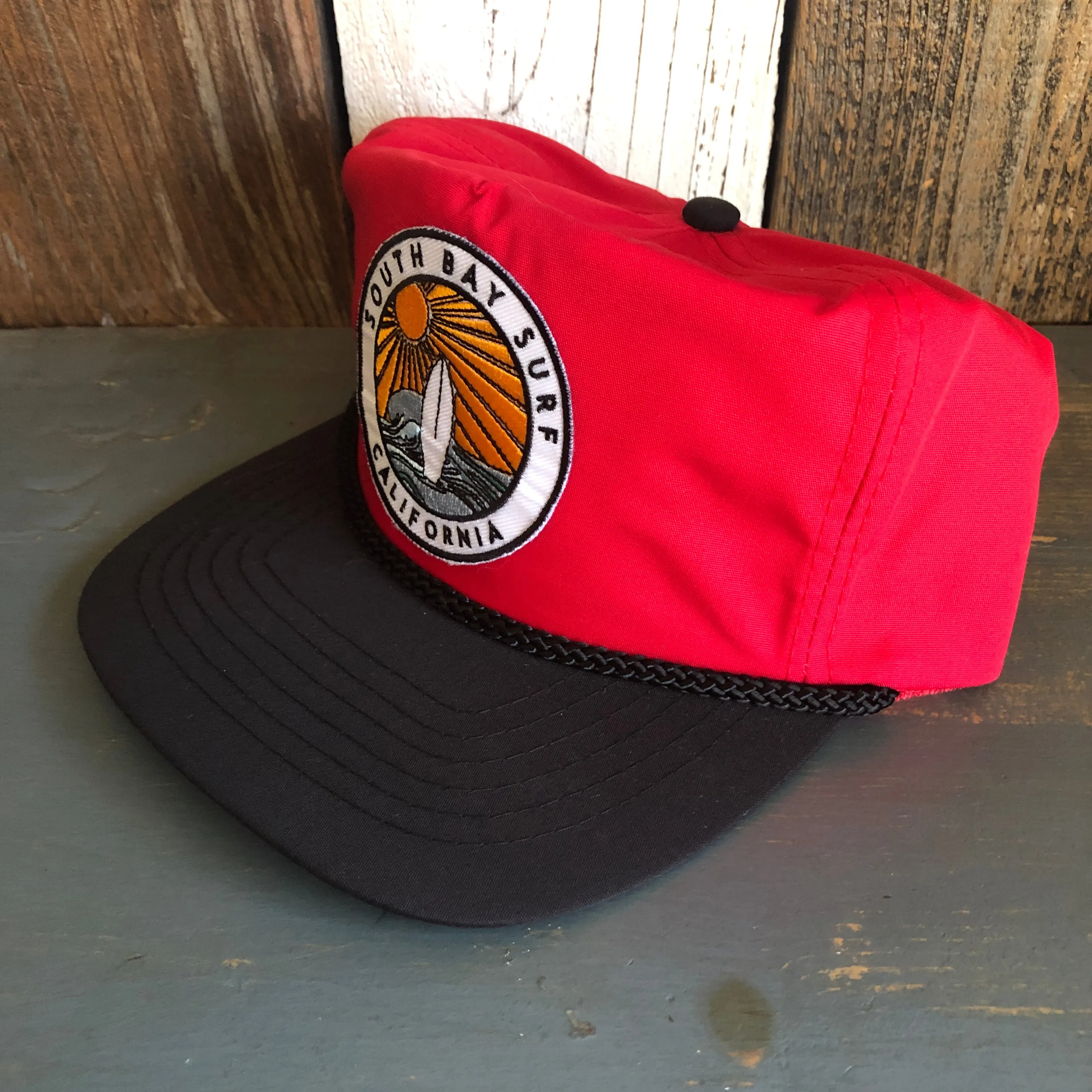 Hermosa Beach SOUTH BAY SURF (Navy Colored Patch) 5 Panel High Crown Baseball Cap - Black/Red