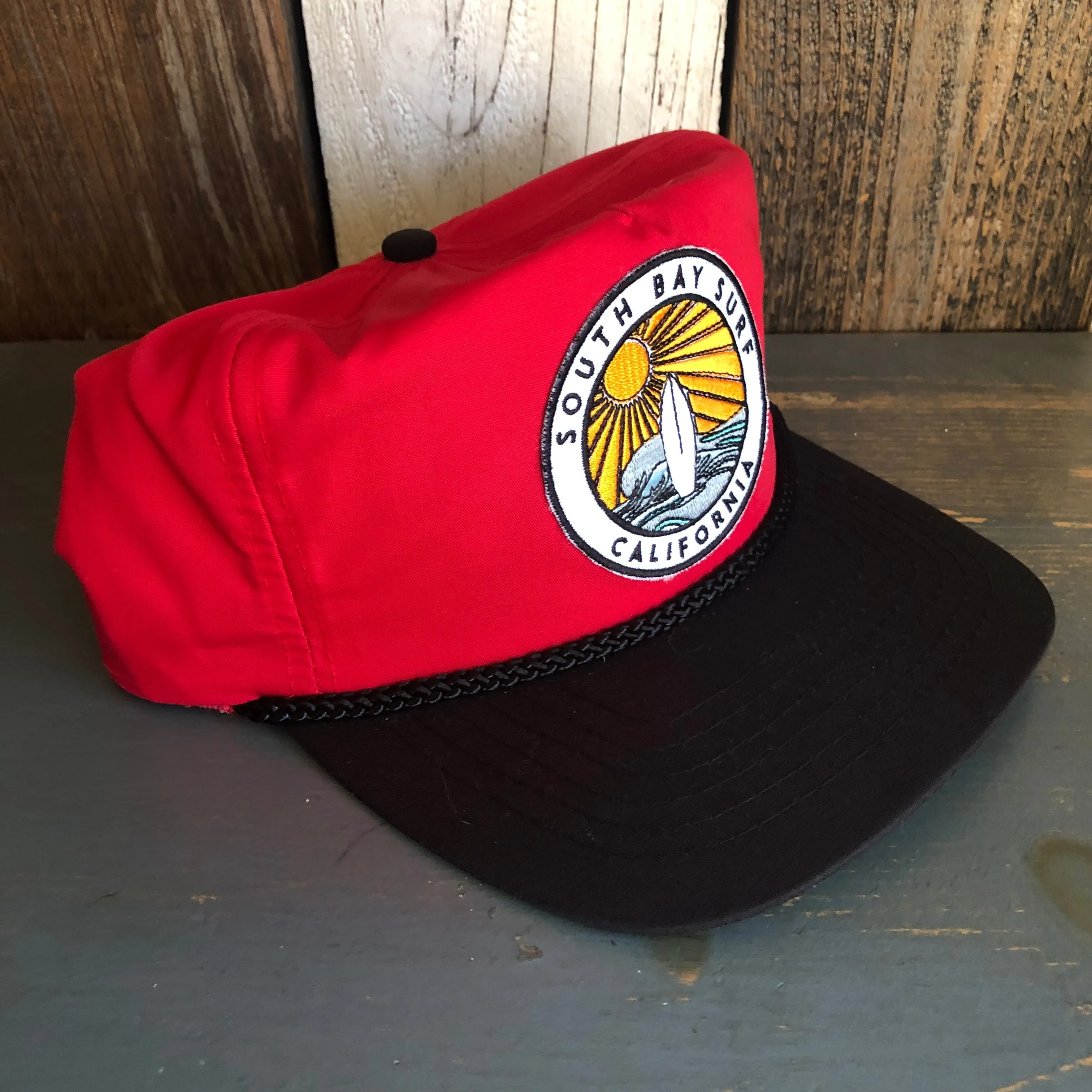 Hermosa Beach SOUTH BAY SURF (Navy Colored Patch) 5 Panel High Crown Baseball Cap - Black/Red