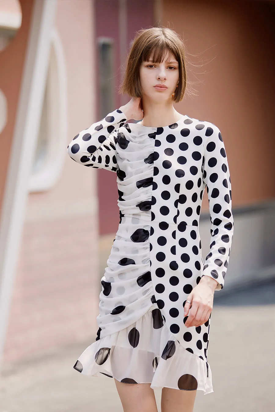 Irregular long sleeve polka dot chiffon dress