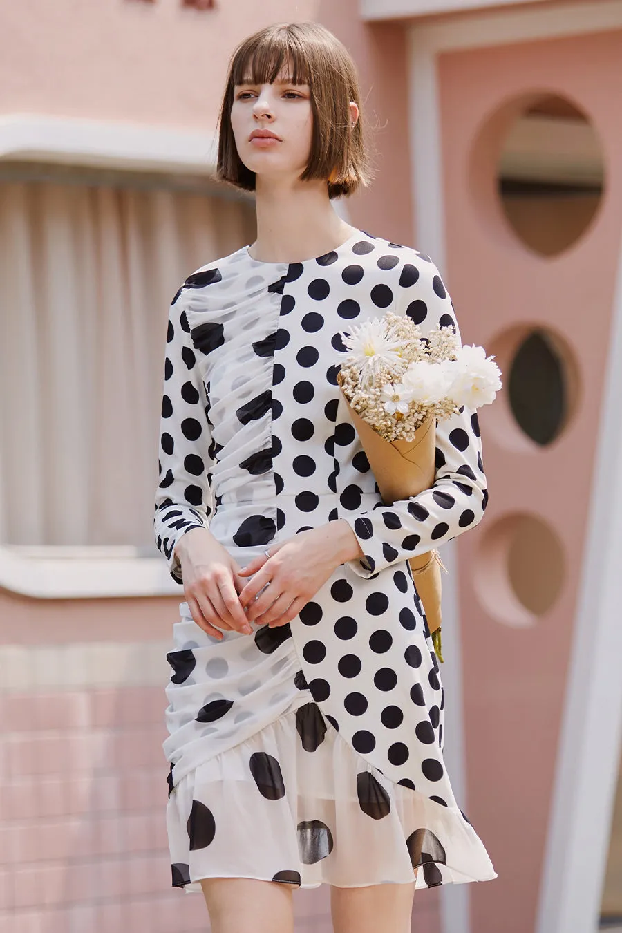 Irregular long sleeve polka dot chiffon dress