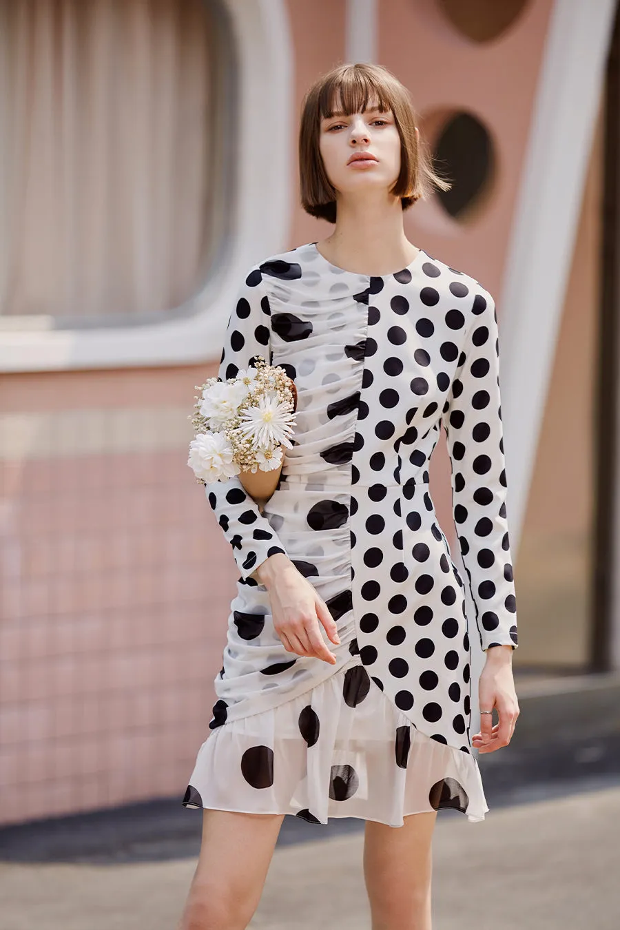 Irregular long sleeve polka dot chiffon dress
