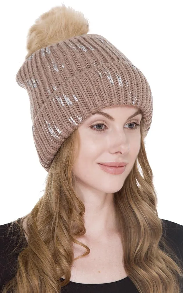 JH231 Cable Knit Hat w/Metallic Print & Pom-pom