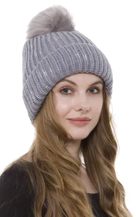 JH231 Cable Knit Hat w/Metallic Print & Pom-pom