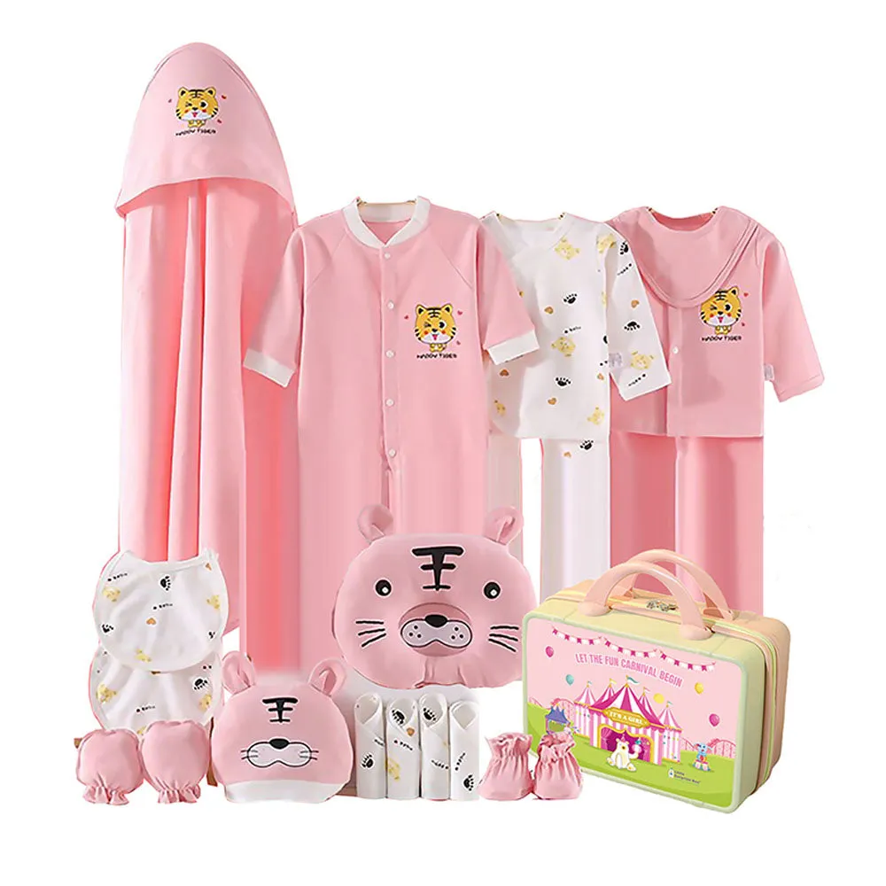 Little Surprise Box 21 Pcs Baby Pink Tiger Newborn Baby Girl/ Boy All Season Wear Gift Hamper With Suitcase