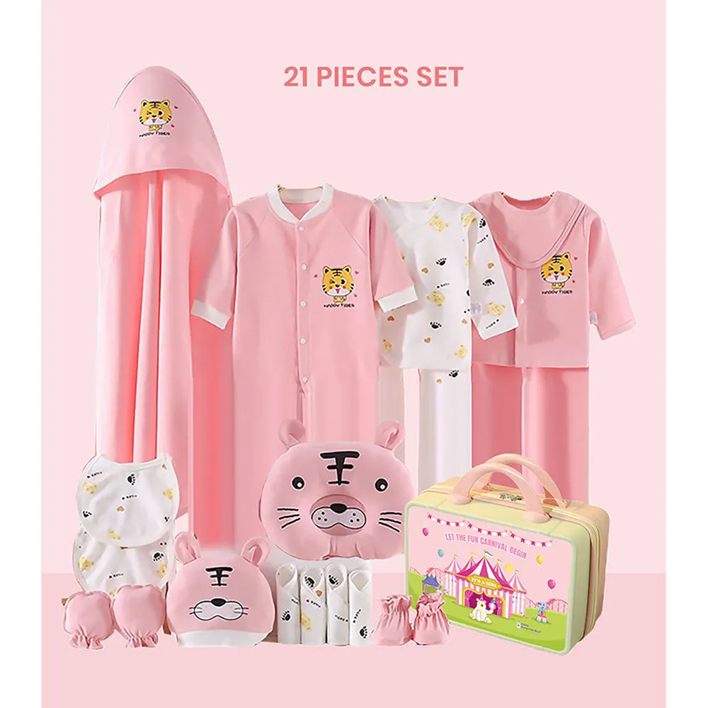 Little Surprise Box 21 Pcs Baby Pink Tiger Newborn Baby Girl/ Boy All Season Wear Gift Hamper With Suitcase