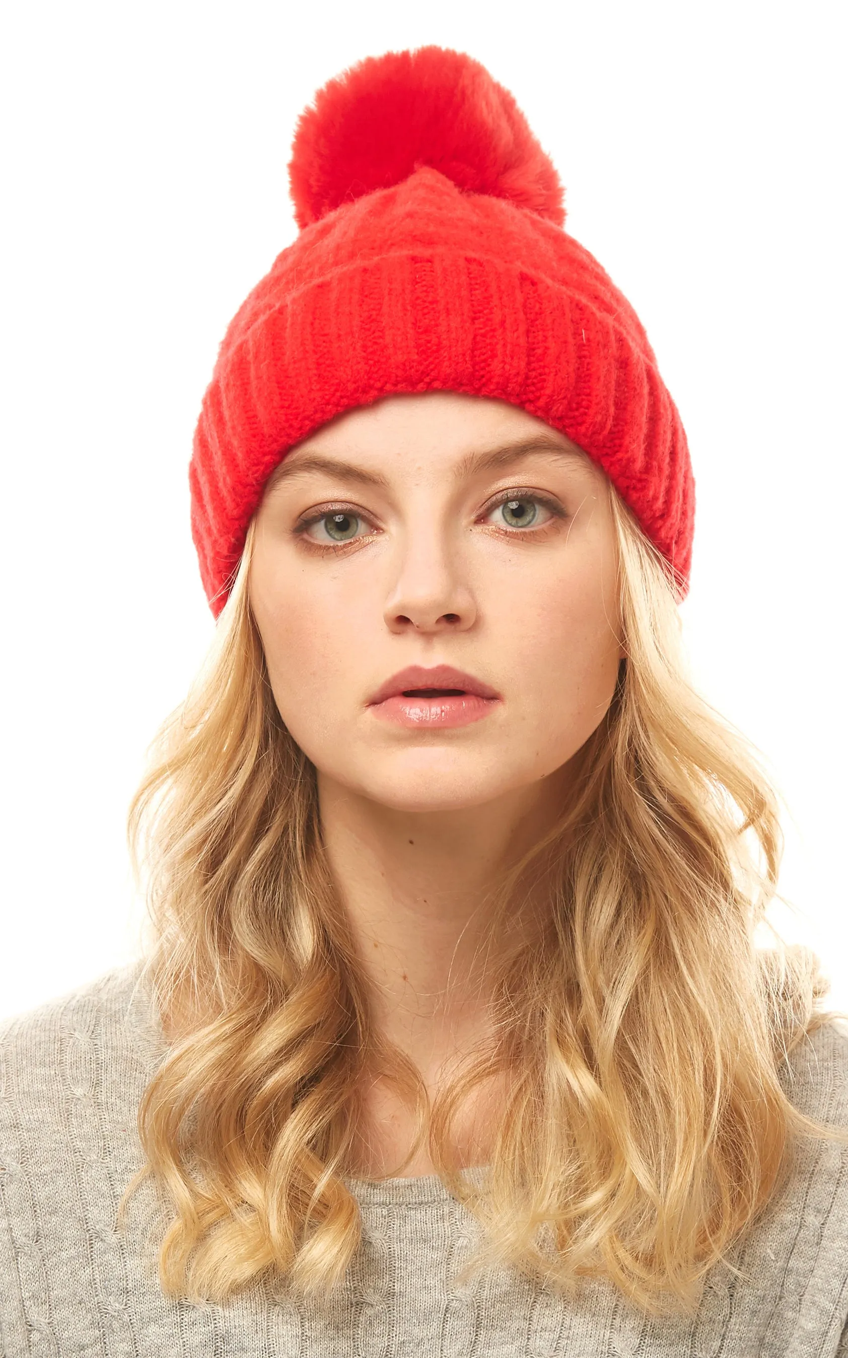 LOH143 Canel Knit Pompom Solid Beanie Hat