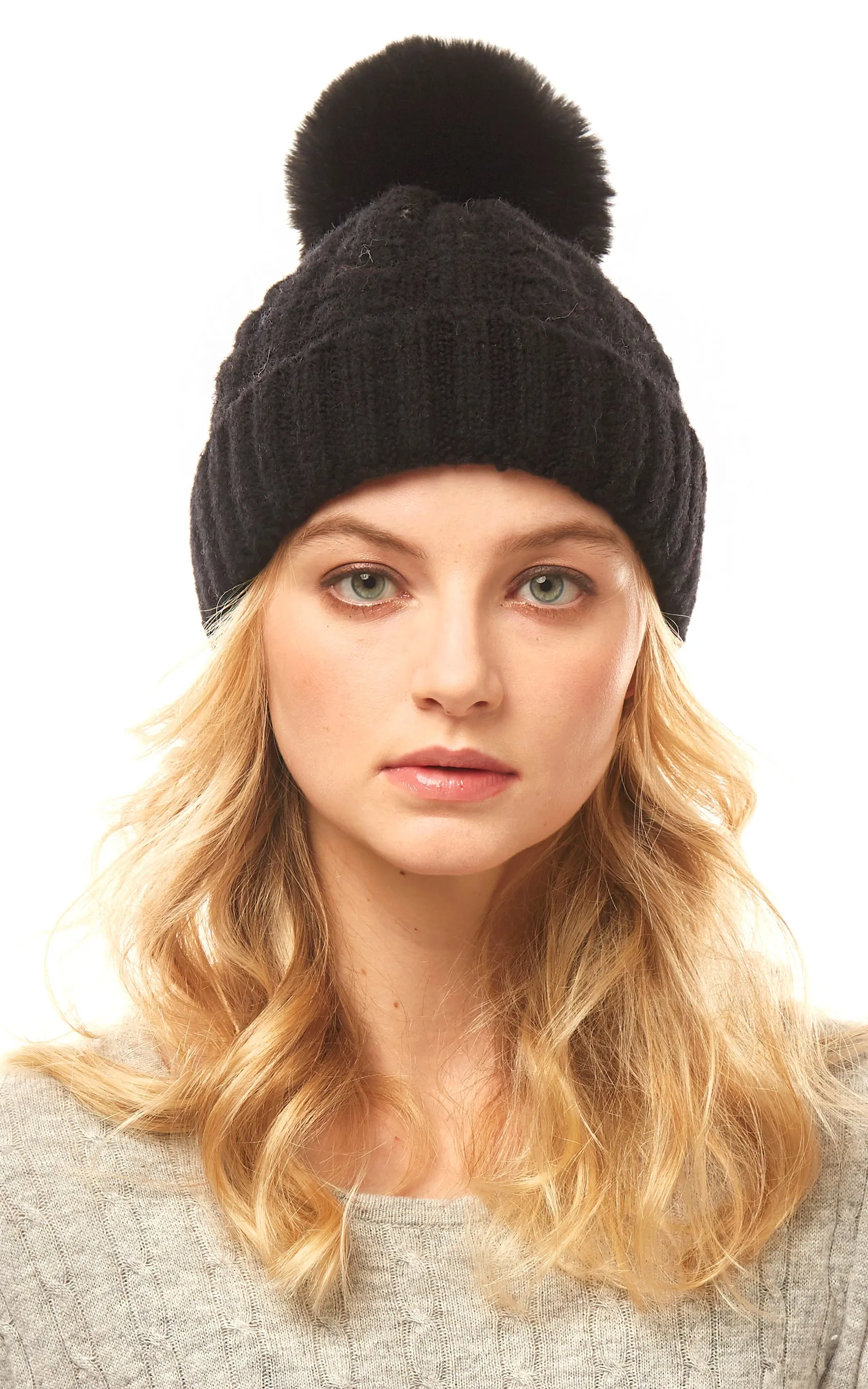 LOH143 Canel Knit Pompom Solid Beanie Hat