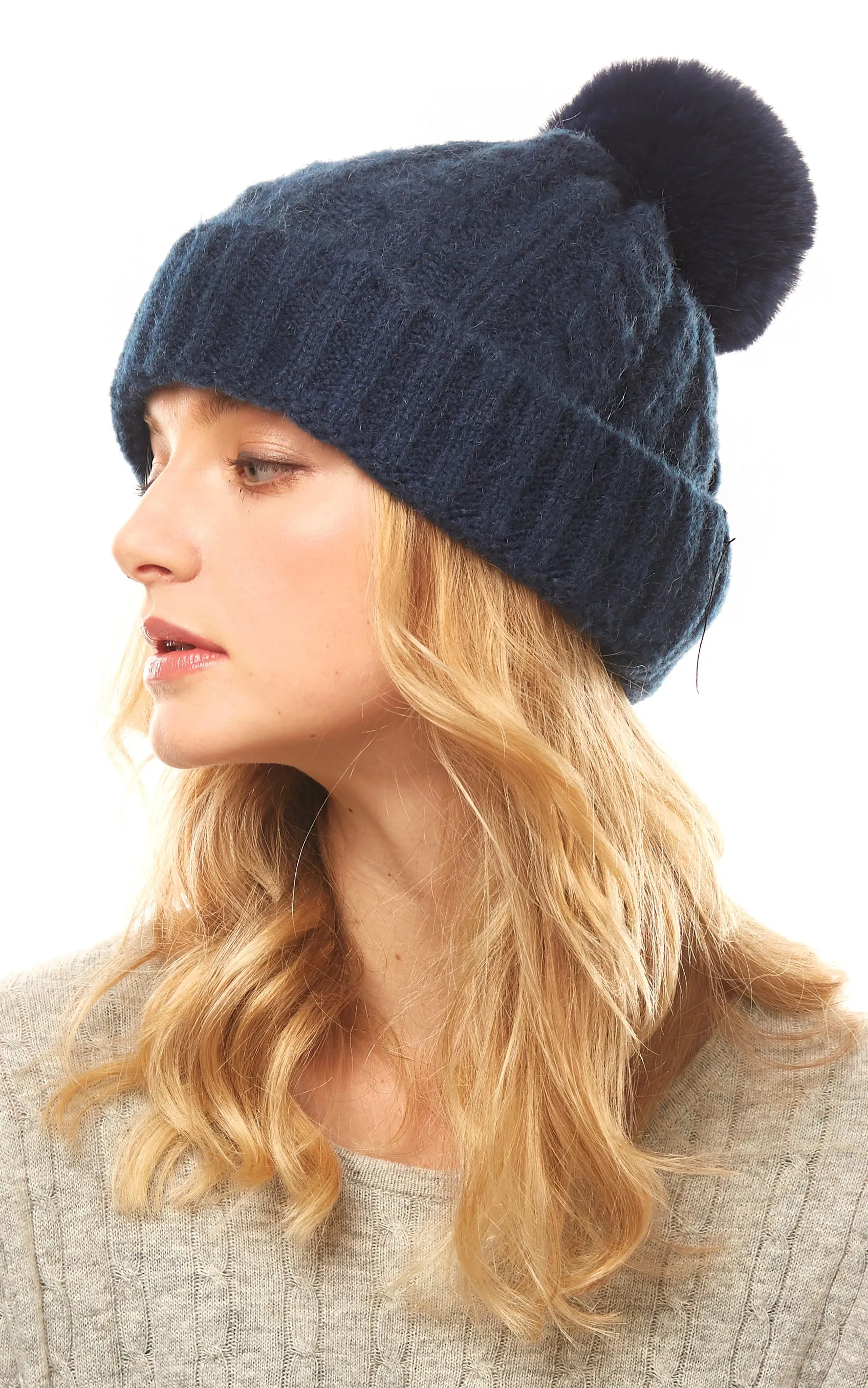 LOH143 Canel Knit Pompom Solid Beanie Hat