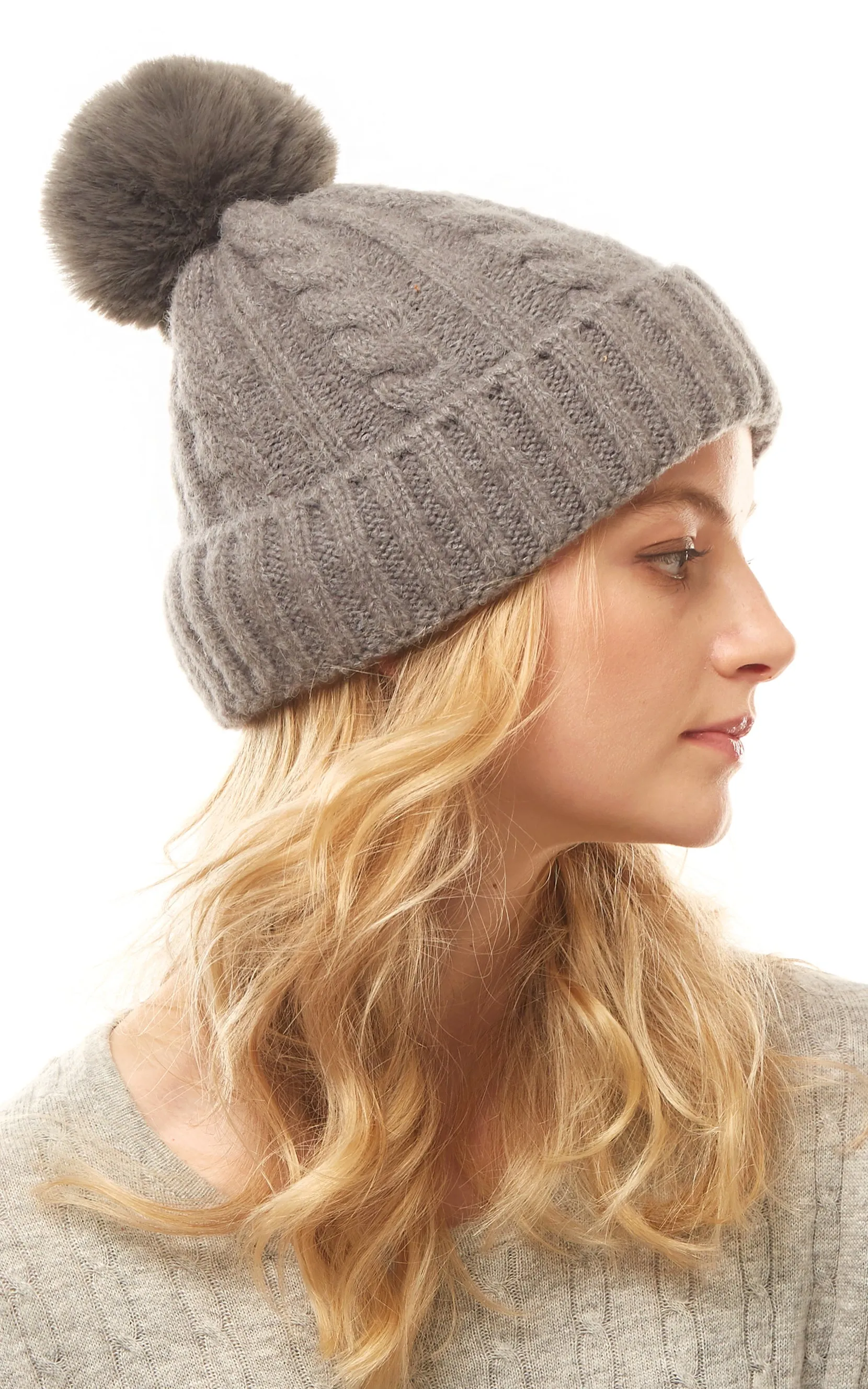 LOH143 Canel Knit Pompom Solid Beanie Hat