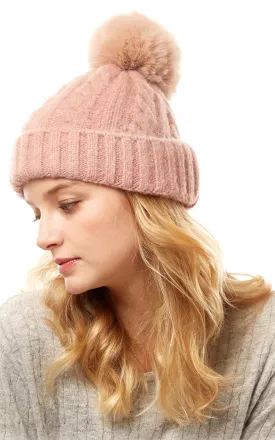 LOH143 Canel Knit Pompom Solid Beanie Hat