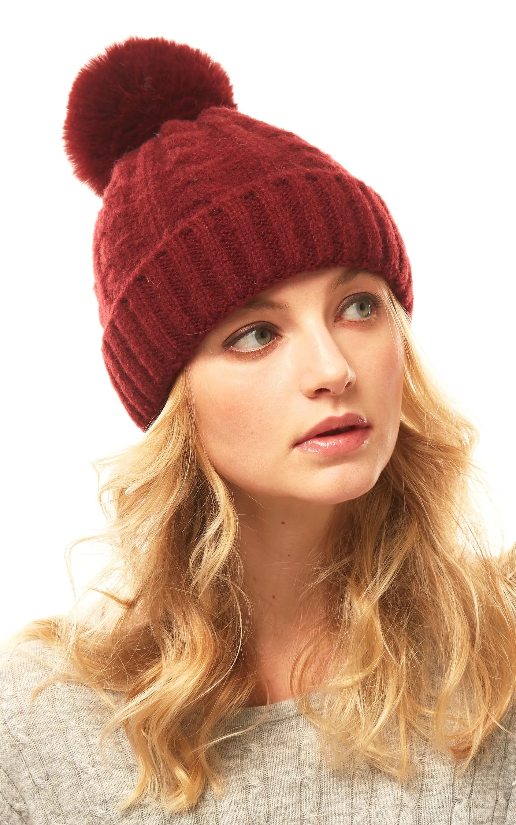 LOH143 Canel Knit Pompom Solid Beanie Hat