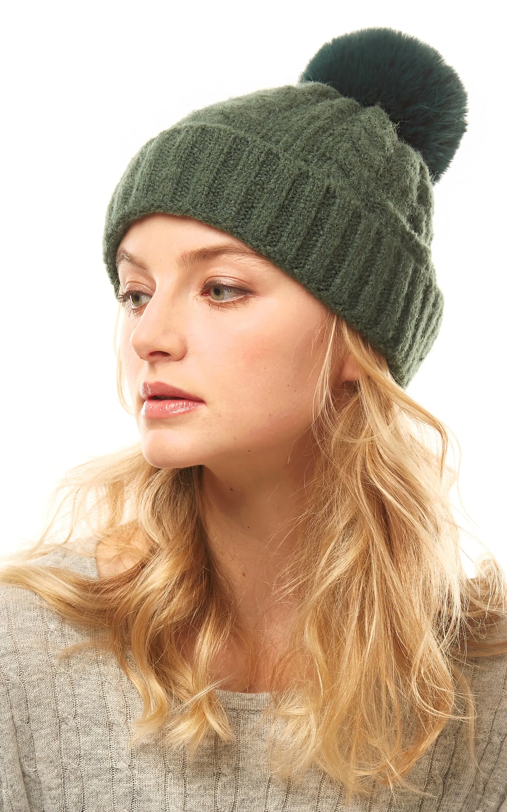 LOH143 Canel Knit Pompom Solid Beanie Hat