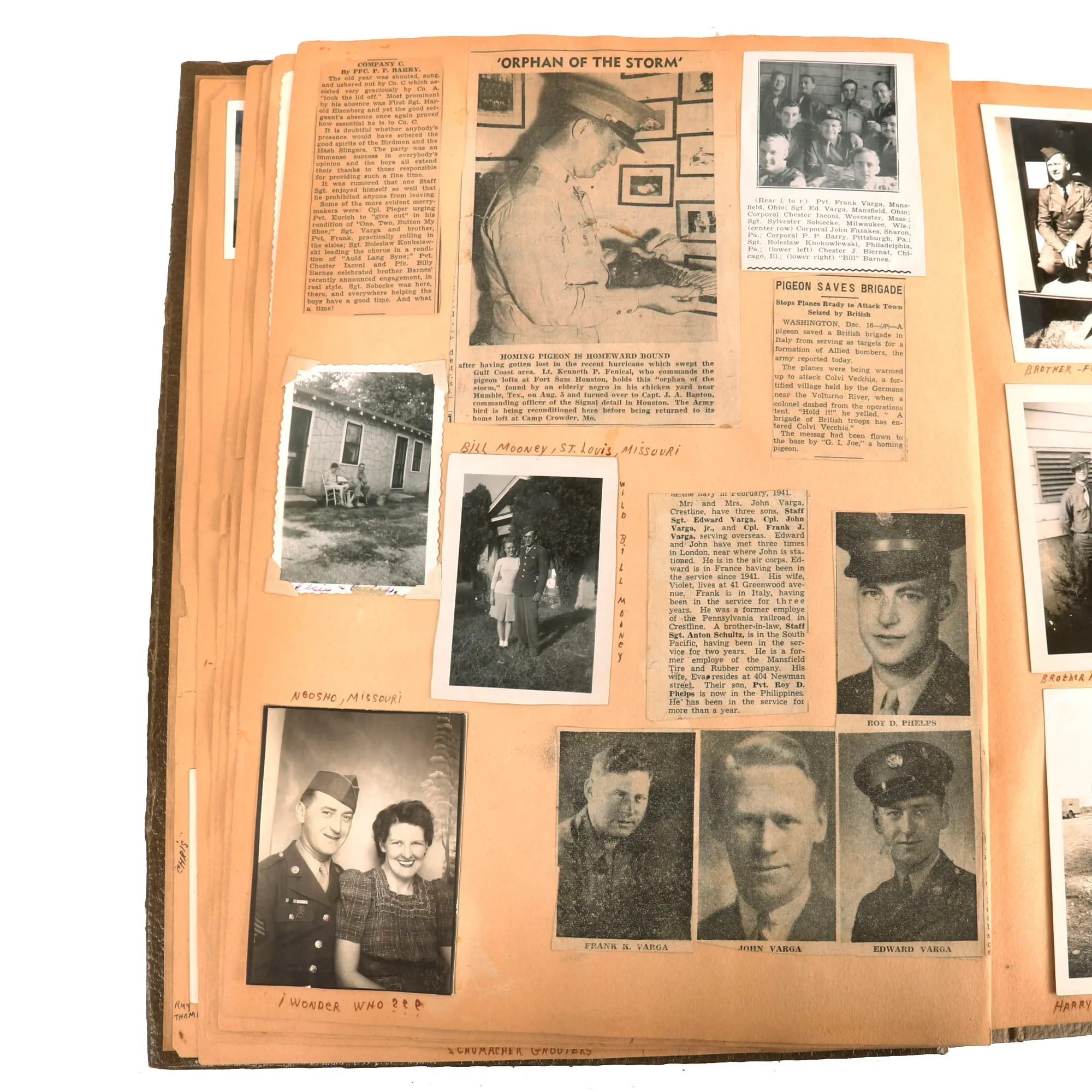 Original U.S. WWII Extensive Pigeon Breeding Group Scrapbook with Patch & Currency Collection - Over 200 Photographs