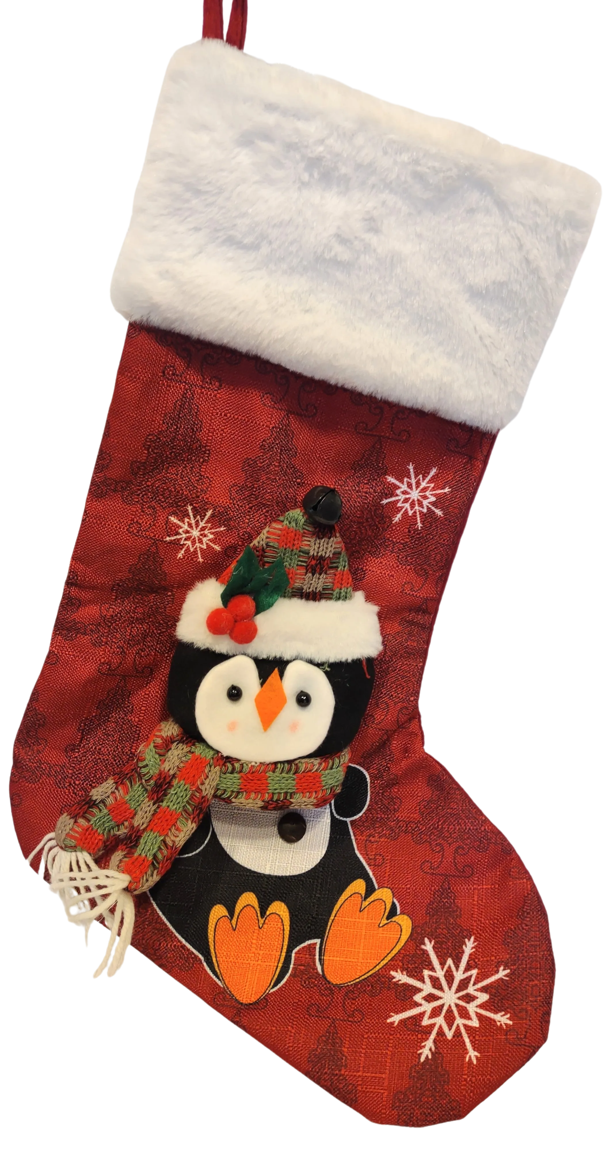 Penguin with Plaid Scarf and Hat and Snowflakes Red Stocking 19"