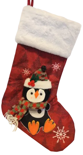 Penguin with Plaid Scarf and Hat and Snowflakes Red Stocking 19"