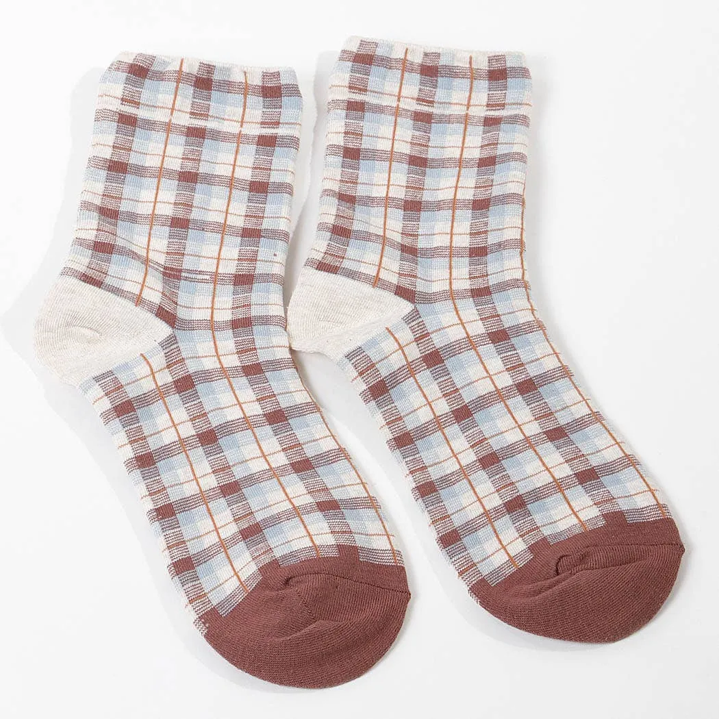 Plaid Crew Socks   White