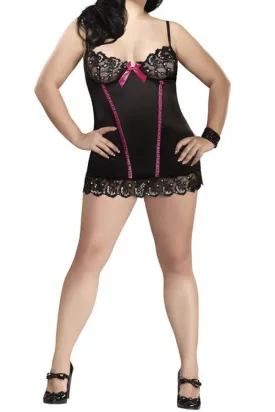 Plus Size Sequin Lace Chemise & G-String - Black