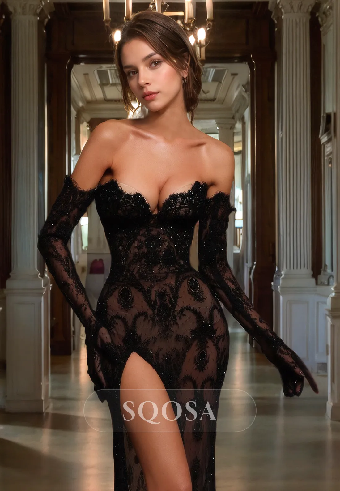Sexy Mermaid Prom Dress Sweetheart Allover Lace Floor Length with Gloves