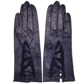 Vintage Ladies Blue Leather Gloves Unused Lace Inset Cutwork Size 7