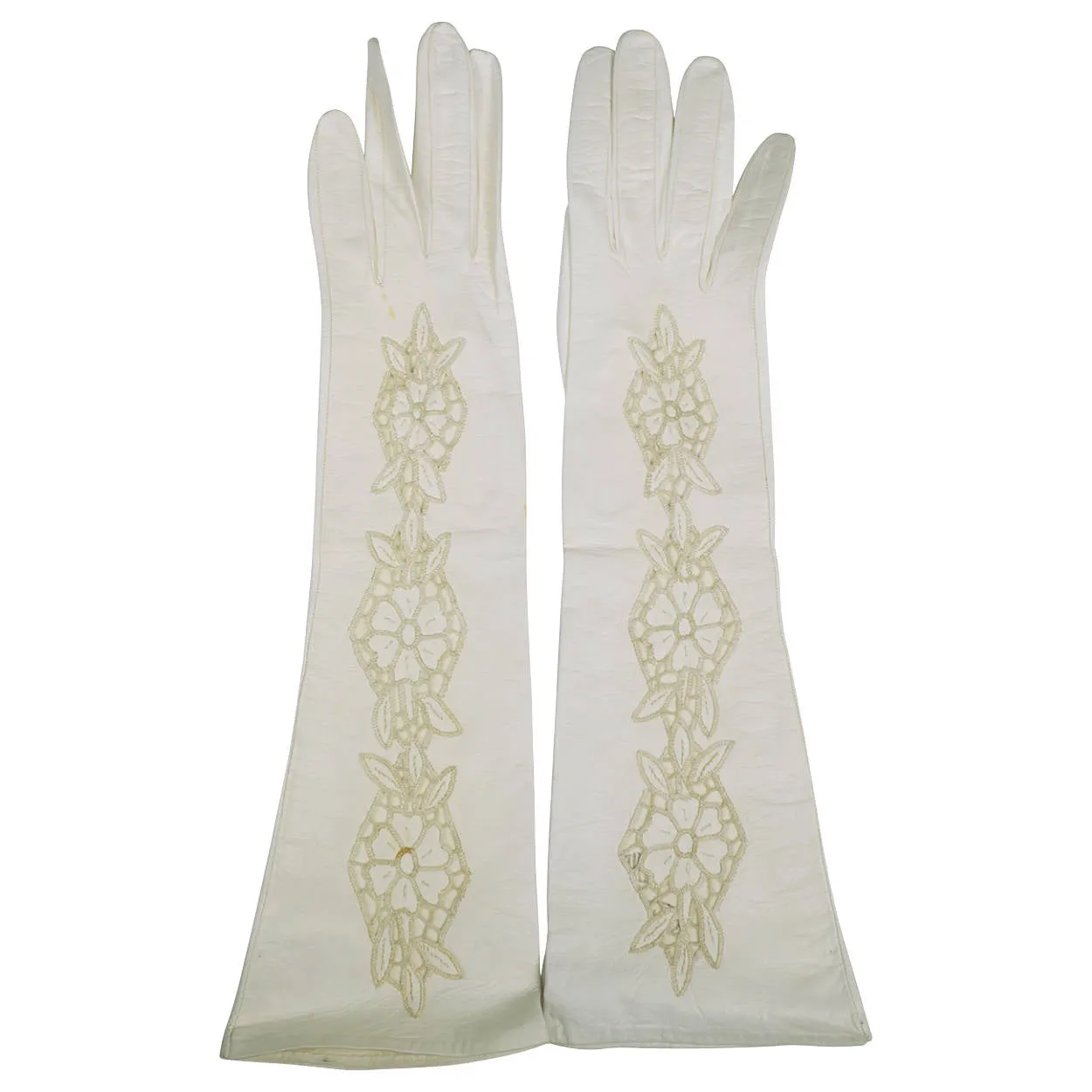 Vintage Ladies White Kid Leather Cutwork Long Evening Gloves Lace Inset