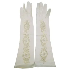 Vintage Ladies White Kid Leather Cutwork Long Evening Gloves Lace Inset