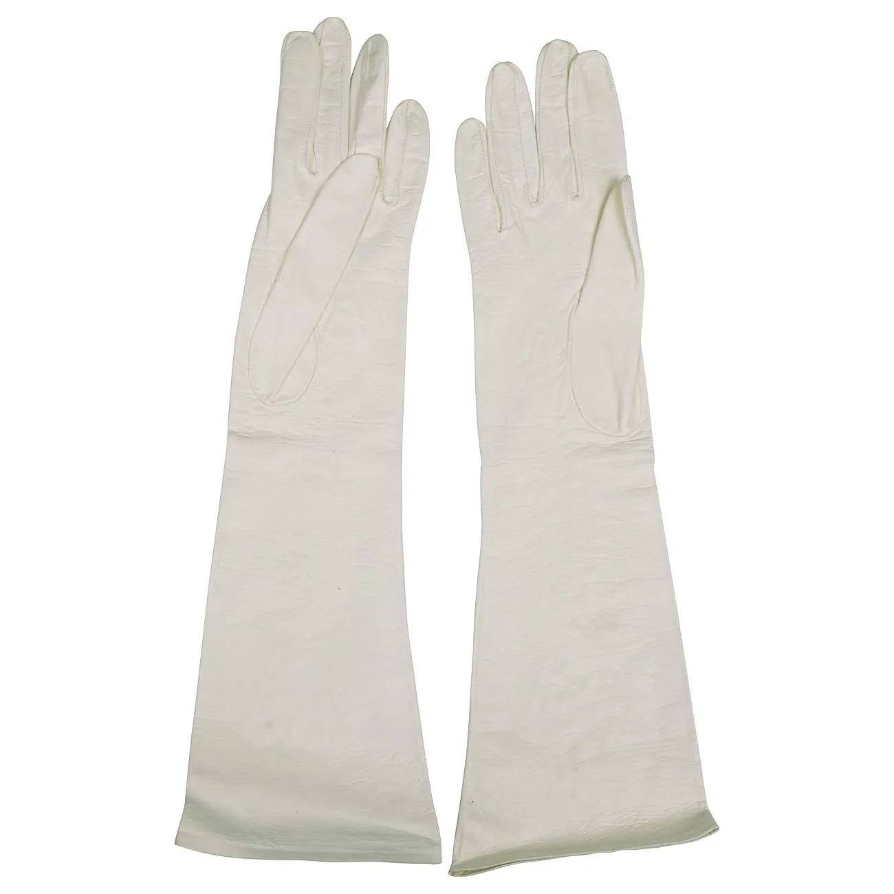 Vintage Ladies White Kid Leather Cutwork Long Evening Gloves Lace Inset