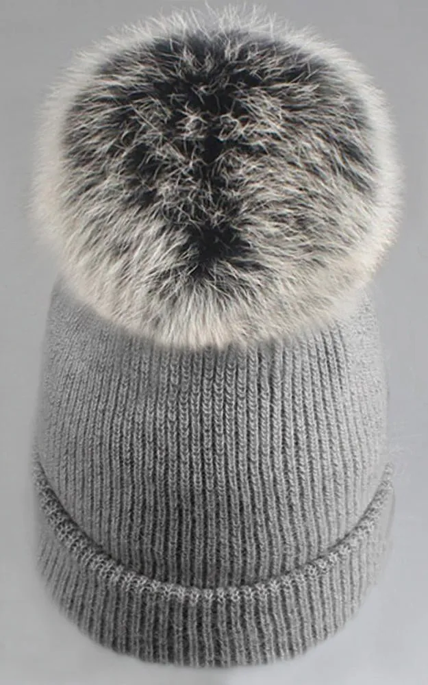 WHD3S Angora Wool Detachable Real Fox Fur Pom Pom Hat