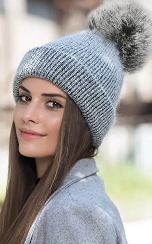 WHD3S Angora Wool Detachable Real Fox Fur Pom Pom Hat