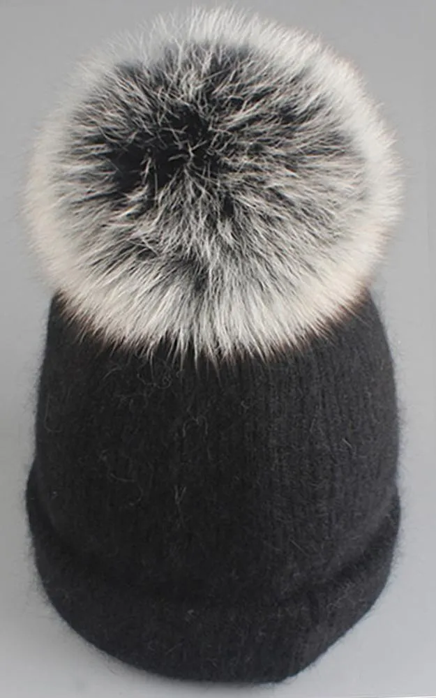 WHD3S Angora Wool Detachable Real Fox Fur Pom Pom Hat