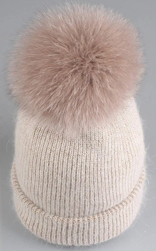 WHD3S Angora Wool Detachable Real Fox Fur Pom Pom Hat