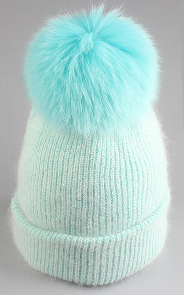 WHD3S Angora Wool Detachable Real Fox Fur Pom Pom Hat