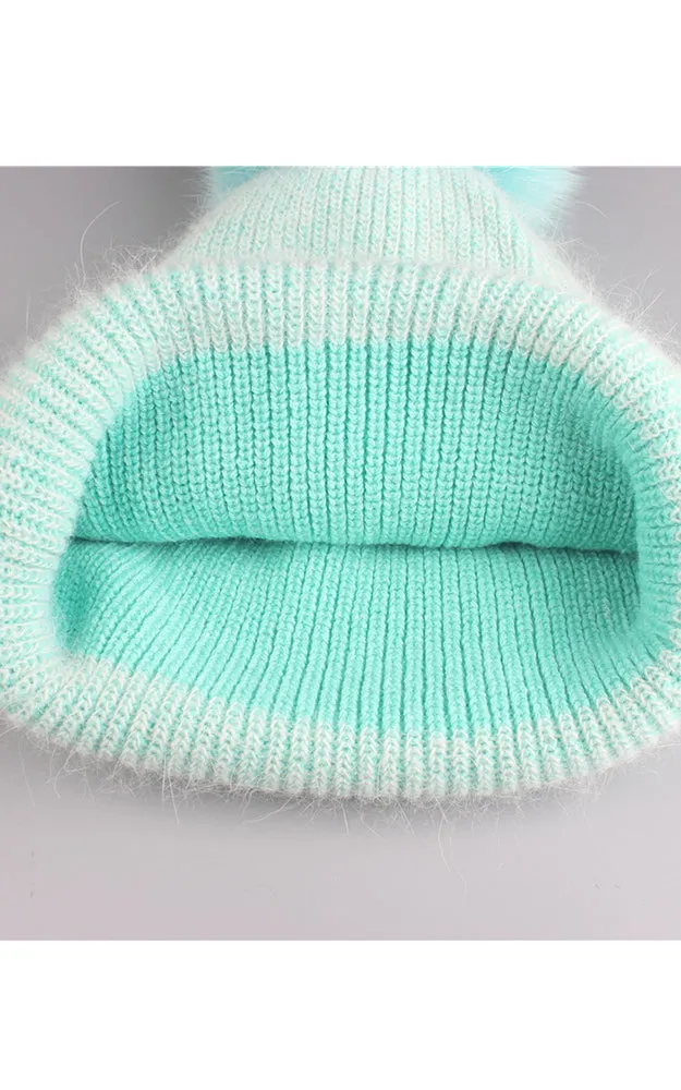 WHD3S Angora Wool Detachable Real Fox Fur Pom Pom Hat