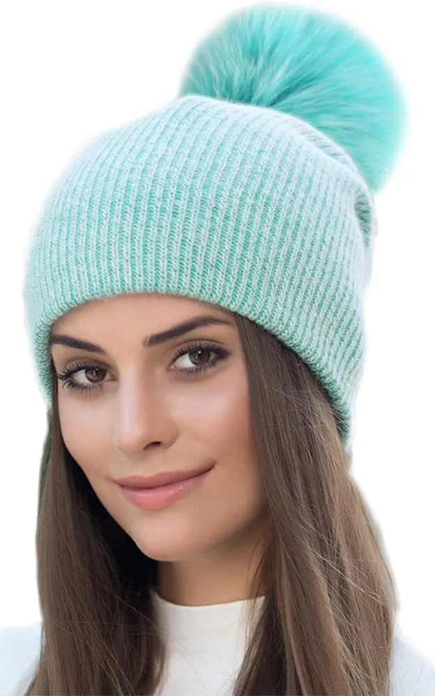 WHD3S Angora Wool Detachable Real Fox Fur Pom Pom Hat