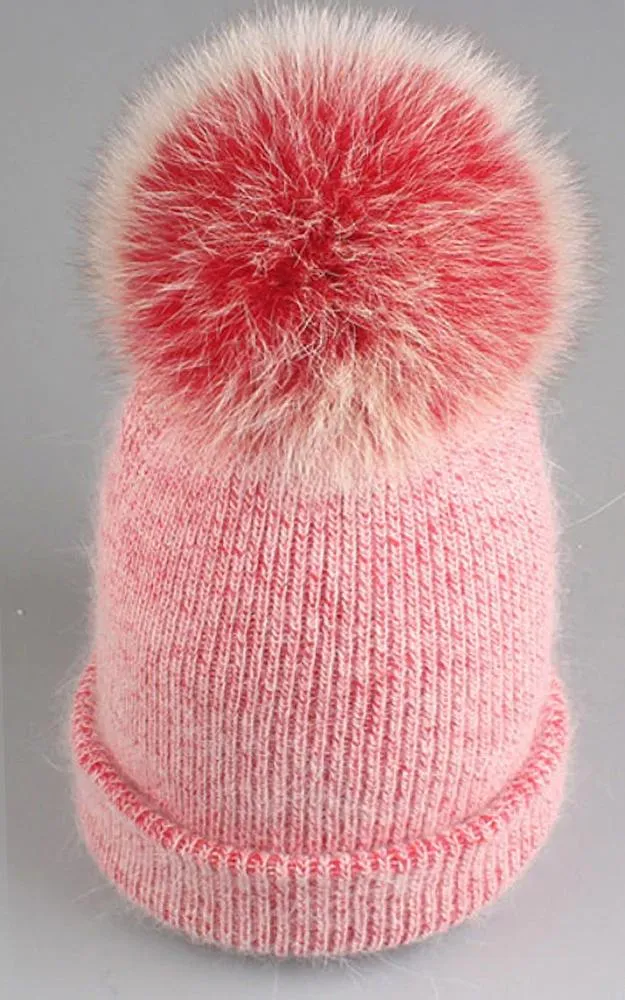 WHD3S Angora Wool Detachable Real Fox Fur Pom Pom Hat
