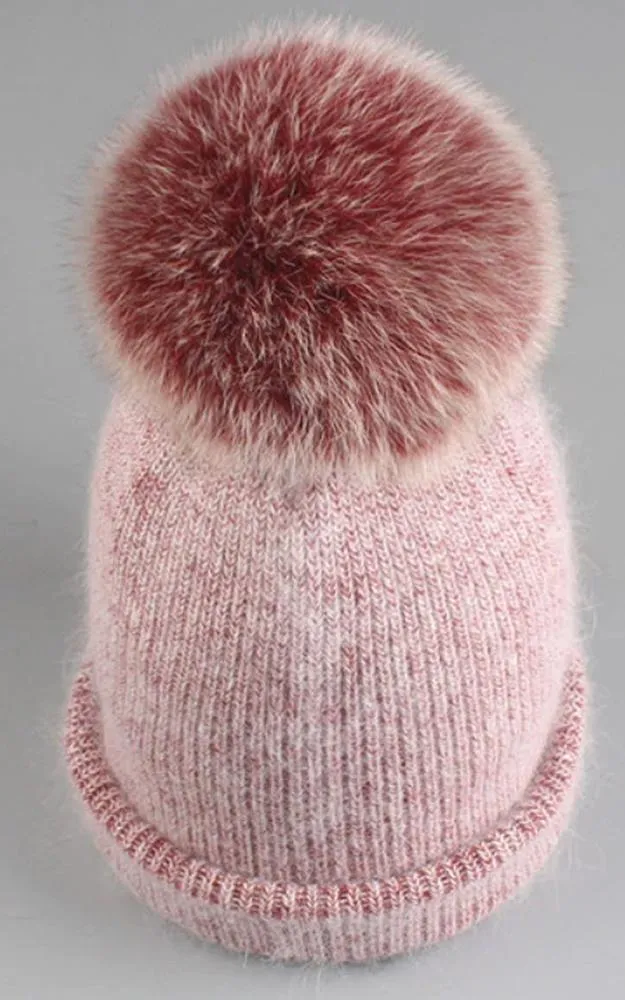 WHD3S Angora Wool Detachable Real Fox Fur Pom Pom Hat