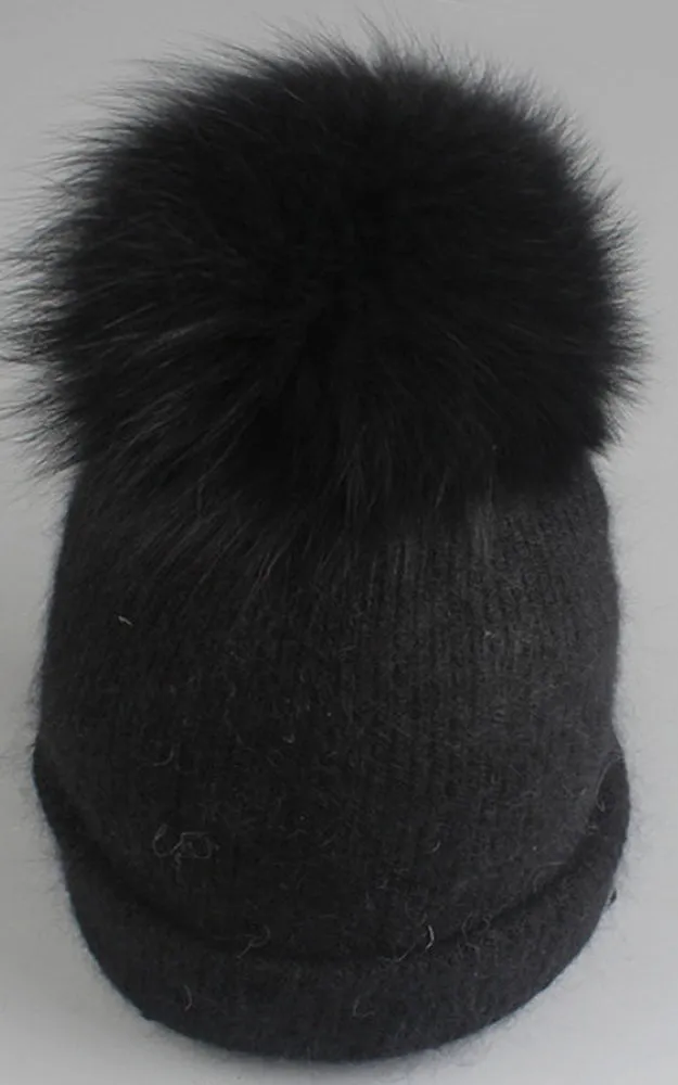 WHD3S Angora Wool Detachable Real Fox Fur Pom Pom Hat