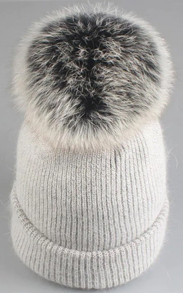 WHD3S Angora Wool Detachable Real Fox Fur Pom Pom Hat