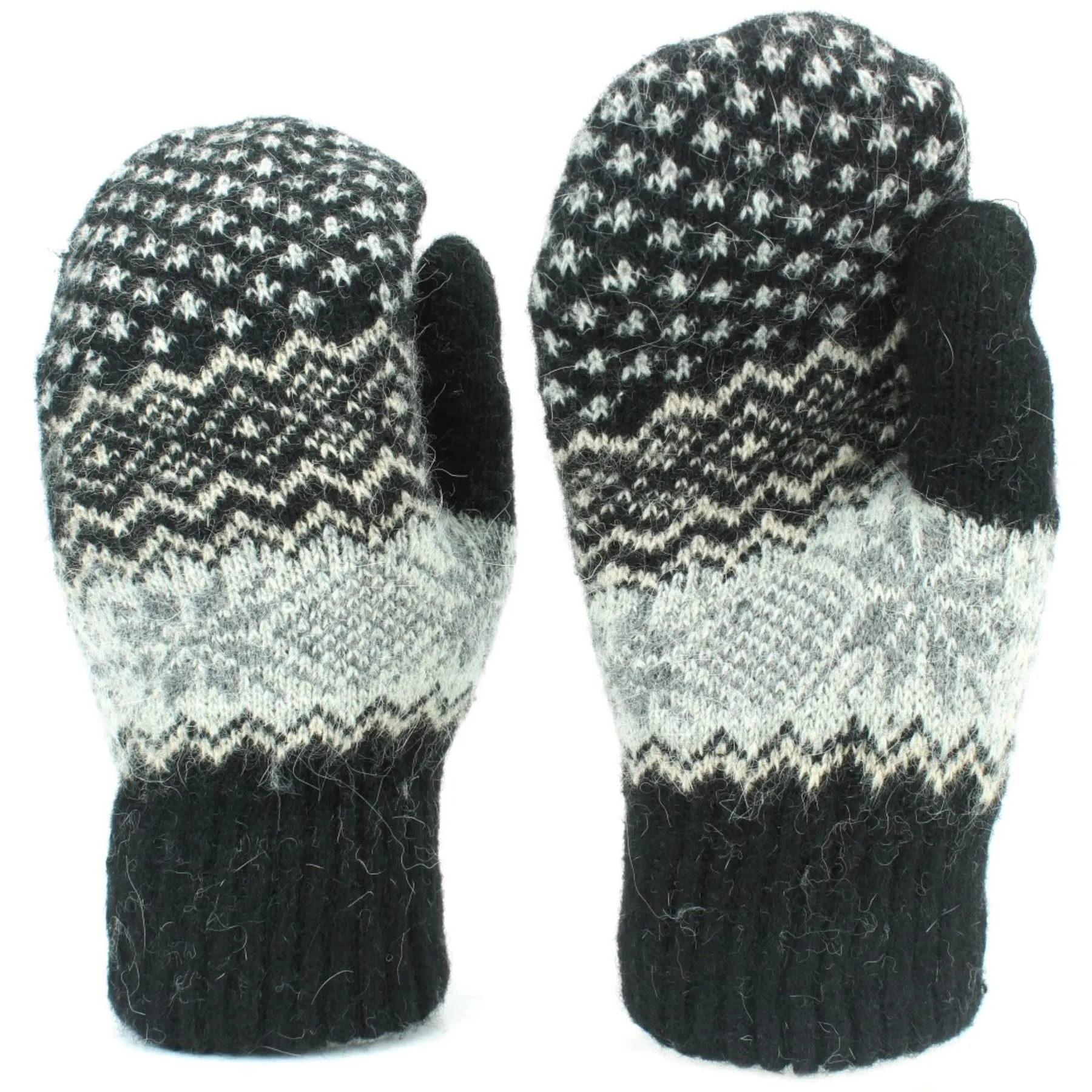 Wool Knit Fairisle Mittens - Black